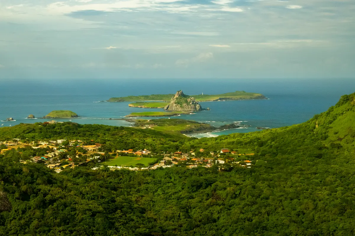 Vista aérea de Fernando de Noronha com coqueiros e mar